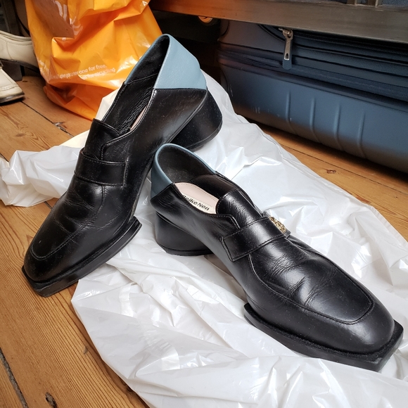 Reike Nen Black and Light Blue Heeled Loafers - Picture 1 of 5